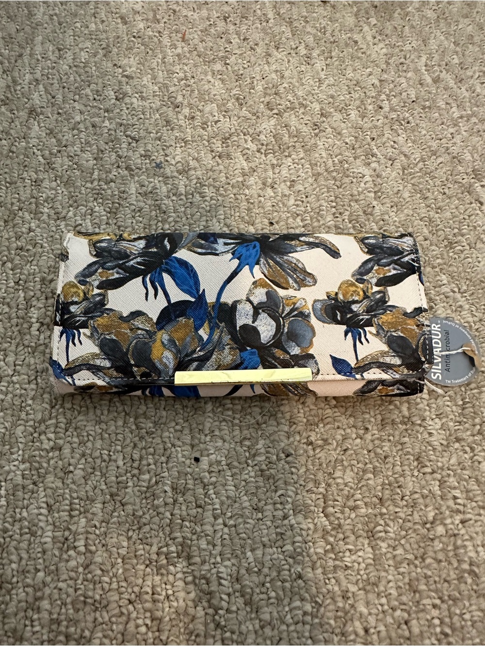 Kim Rogers Floral Trifold Wallet - Blue, Gold & Black on Cream